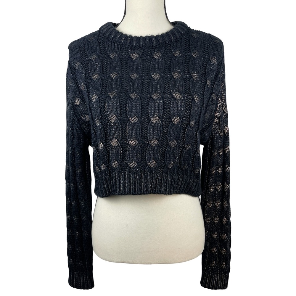 ZARA Women's Cropped Sweater Small Black Gold Cable Knit Long Sleeve Pullover